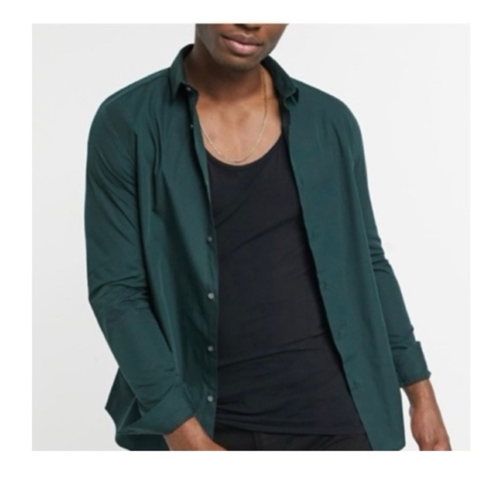 River Island ASOS Long Sleeve Poplin‎ Shirt In Green Muscle Fit NWT
